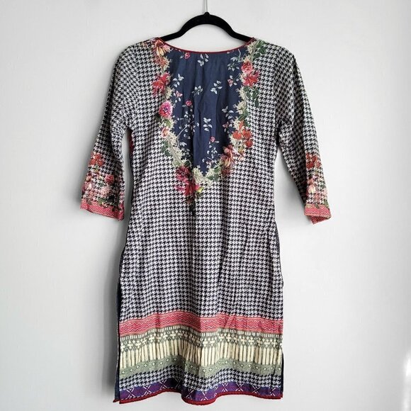 Ethnic By Outfitters Floral Printed & Embroidered Houndstooth Boho Tunic Kurta - Picture 7 of 12
